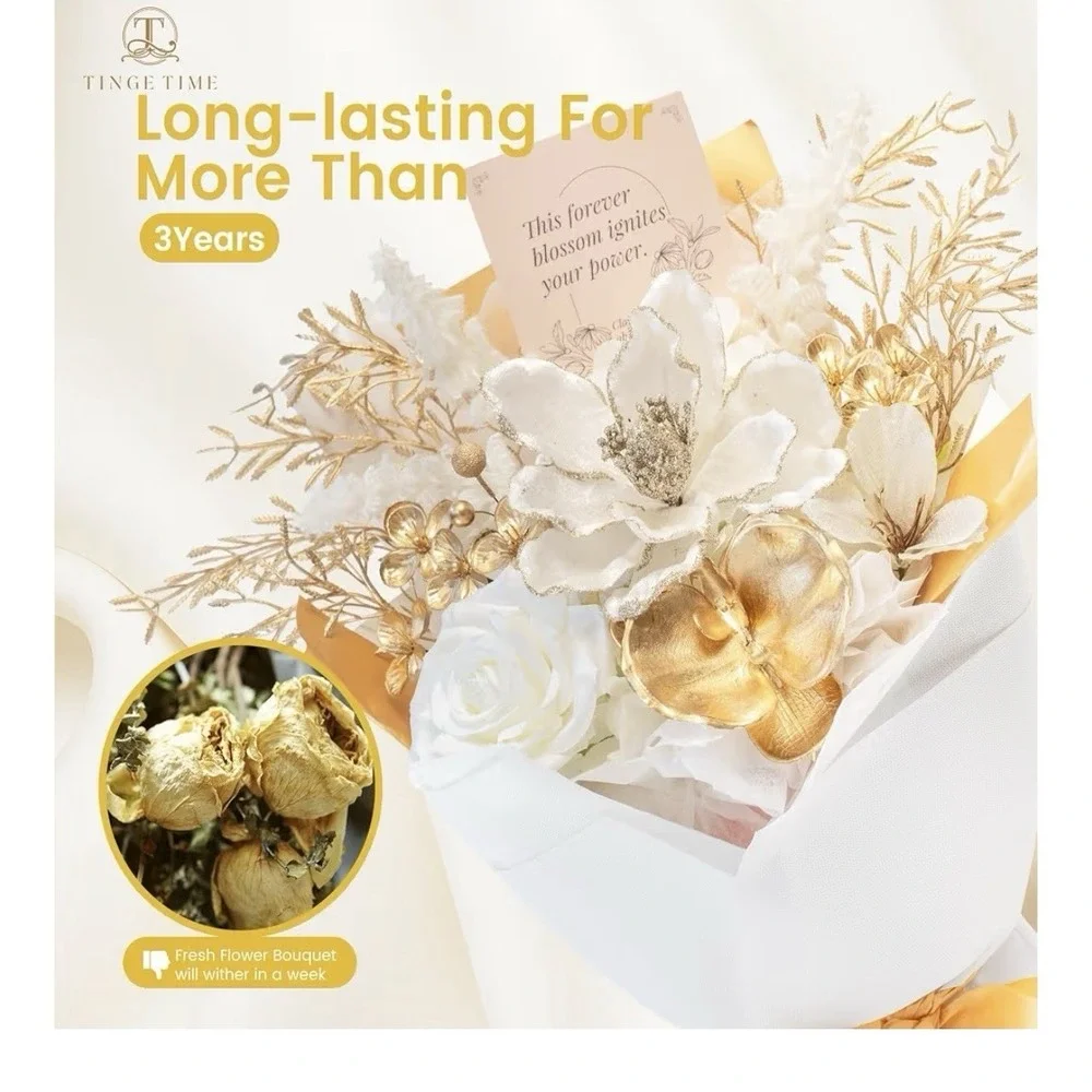 TINGE TIME preserved Flowers Bouquet Platinum Faux Rose White& Gold 16